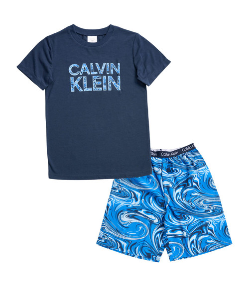 Calvin Klein Boys' Little 2 Piece Sleepwear Top and Bottom Pajama Set, Black Iris/Marble, Large