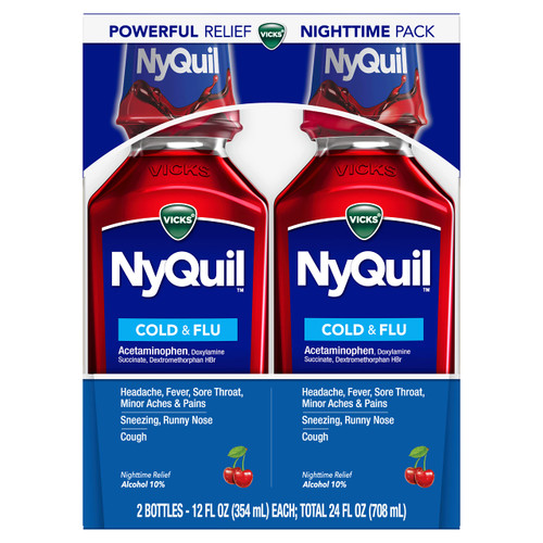 Vicks NyQuil, Nighttime Relief of Cough, Cold & Flu Relief, Sore Throat, Fever, & Congestion Relief, Cherry Flavor, Twin Pack, 12 FL OZ