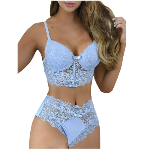 Women's Lace Lingerie Bra and High Waist Panty Set Sexy Pajamas Lingerie Set Babydoll Sleepwear 2 Piece Nightwear Outfits(D Blue,Medium)
