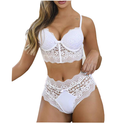 Women's Lace Lingerie Bra and High Waist Panty Set Sexy Pajamas Lingerie Set Babydoll Sleepwear 2 Piece Nightwear Outfits(D White,X-Large)
