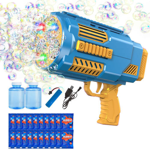 Bazooka Bubble Gun, Automatic Bubble Machine Bubble Blower for Kids, Rechargeable Bubble Maker with Color Lights/Bubble Solution for Summer, Wedding, Birthday Party - Blue