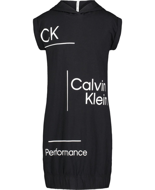 Calvin Klein Girls' Performance Logo Sweatshirt Dress, Fleece Hoodie with Long or Short Sleeves, Black Clinched Hem, 16