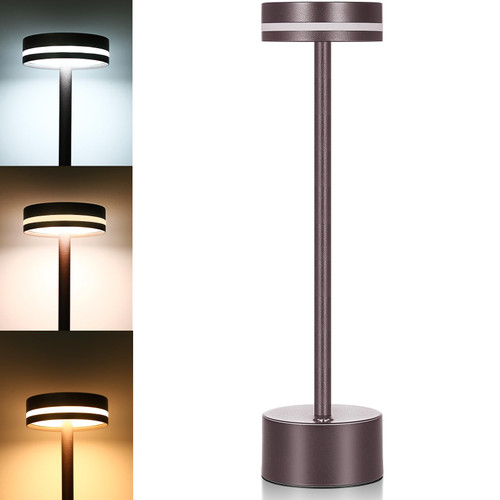 Neoglint LED Cordless Table Lamp, Battery Operated Metal Bedside Nightstand Lamp, Touch Control Stepless Dimmable 3 Color Rechargeable Desk Lamp Night Light for Bedroom Living Room Bar (Coffee Brown)