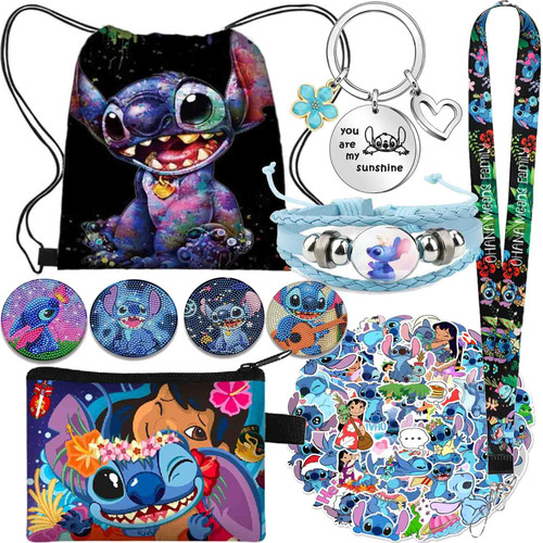 Herstar Stitch Merchandise Gift Set, Stitch Stuff Cartoon Anime Drawstring Bag, Keychain, Keychain Lanyard, Purse, Bracelets, Sticker, Button Pins (Black A)