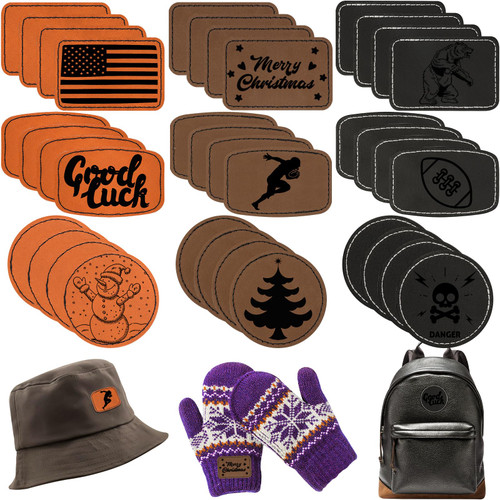 90Pcs Blank Patches Leatherette Hat Patches with Adhesive Rustic Leatherette Rectangle Round Patch Faux Leather Patches for Hats Custom Fabric Repair Sew Laser Supplies