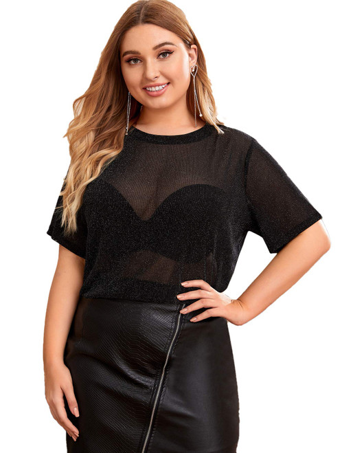 Floerns Women's Plus Size Short Sleeve Sheer Mesh Tops T Shirt Blouse Black Glitter 2XL