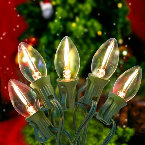 Pallerina C7 LED Christmas Lights 25 Feet Christmas String Lights Outdoor with 27 C7 LED Bulb, Warm White Clear Lights Green Wire for Garden, Patio, Backyard, Cafe, Xmas Party, E12 Candelabra Base