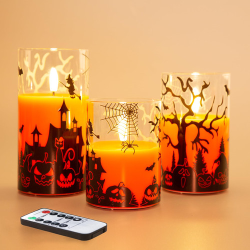 Eywamage Orange Halloween LED Candles with Remote, Flickering Flameless Pillar Candles in Glass Battery Operated ? 3" H 4" 5" 6" Eywamage Orange Halloween LED Candles with Remote, Flickering Flameless Pillar Candles in Glass Battery Operated ? 3" H 4" 5" 6"