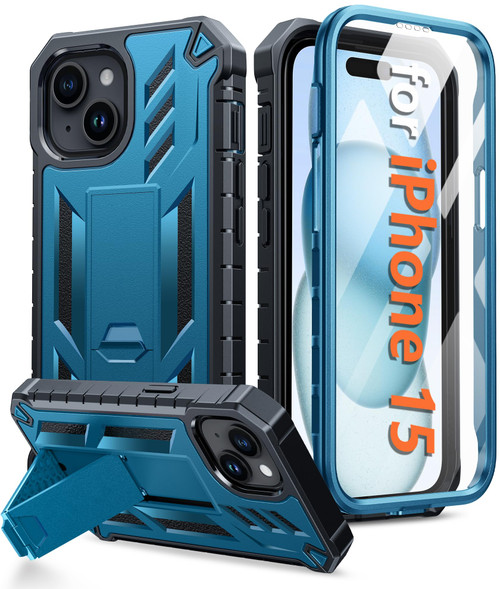 FNTCASE for iPhone 15 Phone Case: Military Grade Shockproof Full Protection Hard Phonecase with Kickstand - Dual Layer Matte Textured Drop Proof Rugged Protective Cover - 6.1 Inch Blue