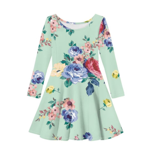 Pinupub Girls Colorful Floral Print Dress Size 5-6 Simple Casual Fall Winter Costume A-Line Flowy Swing Long Sleeve Round Neck Dresses with Knee Length