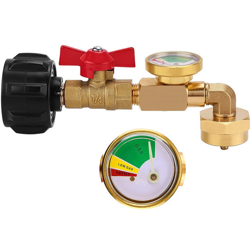 SOOANGEL Propane Refill Adapter, Propane Adapter 1lb to 20lb QCC1 90 Degrees Propane Refill Elbow Adapter with Gauge and ON-Off Control Valve for 1LB Propane Tank(Adapter with Gauge)