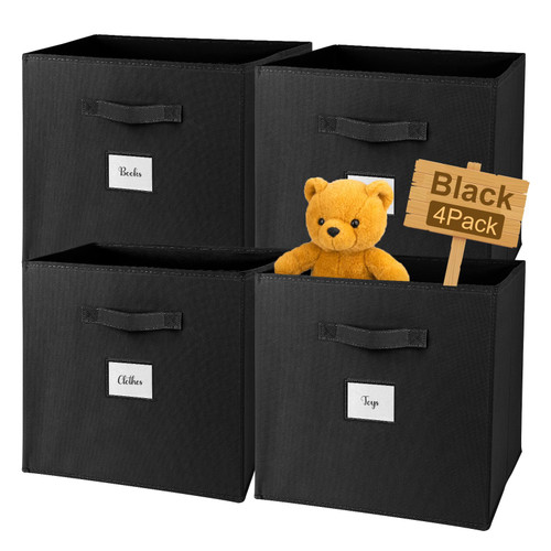 SimpliBins 13x13x13 Storage Cubes Bins 4 Pack, Collapsible Fabric Storage Cubes with Wooden Handle, Simple Cubical Storage Boxes for Cube Organizer, Shelf and Closet Storage (Black)