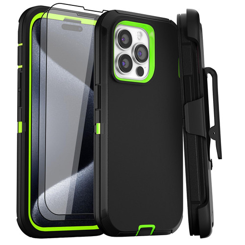 GYJ for iPhone 15 Pro Max Case 6.7" Belt-Clip Kickstand Holster with 2 Screen Protector, Full Body Heavy Duty Military Grade Cover Drop Protection Phone Case (Black Green+Clip)