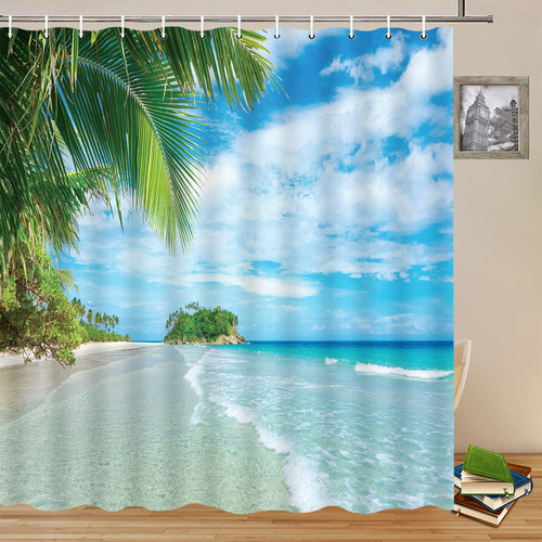 Yadshoti Ocean Shower Curtains Summer Beach Sea Wave Palm Trees Leaf Tropical Islands Seaside Scenery Blue Sky View Bathroom Decor Polyester Fabric Hanging Curtain Set 94 x 70 Inch with Hooks