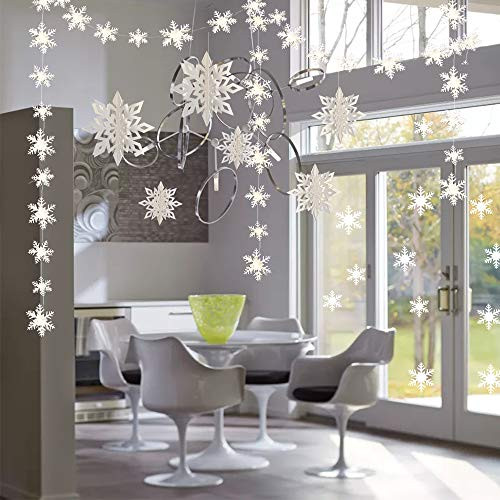 Snowflake Garland Kit, 24pcs 3D Christmas Snowflake Garland Flags & 6pcs Large 3D Hanging Snowflake Decorations & 12pcs Snowflake Sticker for Wedding/Frozen/New Year Party Decorations (White)