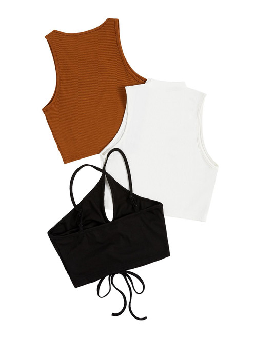 GORGLITTER Women's 3 Pieces Sleeveless Crop Tops Ribbed Knit Casual Cami Tank Top Black White Brown Medium GORGLITTER Women's 3 Pieces Sleeveless Crop Tops Ribbed Knit Casual Cami Tank Top Black White Brown Medium