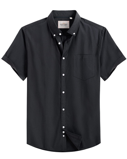 Alimens & Gentle Men's Casual Oxford Shirt Regular Fit Button Down Collar Short Sleeve Shirts with Pocket, Large S-Black