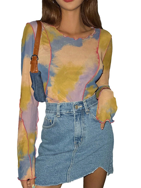 MakeMeChic Women's Tie Dye Round Neck Long Sleeve Mesh Tops Sheer Tee Shirt Crop Tops Multicolor S