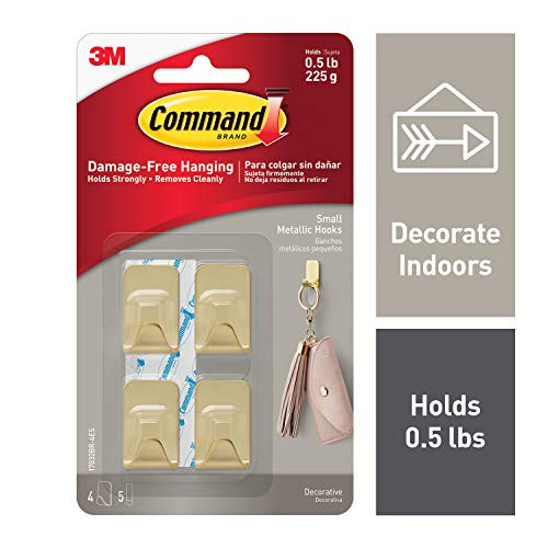 Command 17032BR-4ES Small Metallic Hooks, 4 Hooks and 5 Strips, Brass Color