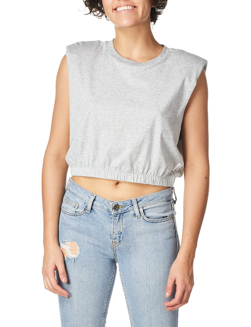 Calvin Klein Jeans Women's Banded Crop Shoulder Pad Tee, Pearl Grey Heather, Extra Small