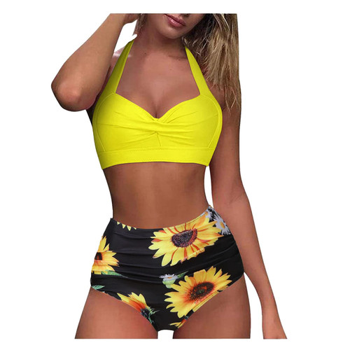 Waist Swimsuit Retro Two Vintage Set Piece Ruched Women Halter Bikini Print High Athletic Bathing Suits for Women Yellow