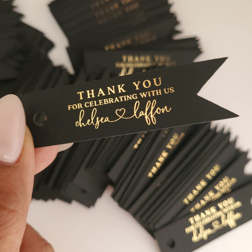XOXOKristen Custom Black Gold Foiled Thank you Tags for Wedding Favors and Gift Bags, Rose Gold, Silver or Gold Foils, White Personalized Favor Tags (3.5", Black)