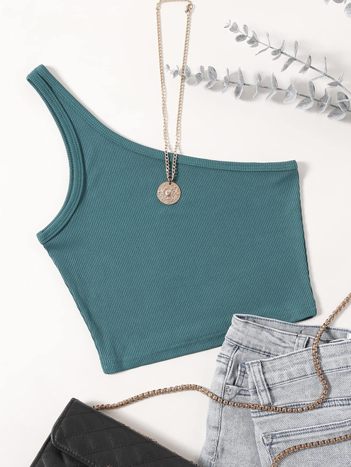 CRYBA Women's Tops Women's Shirts Sexy Tops for Women One Shoulder Rib-Knit Crop Top (Color : Teal Blue, Size : Large)