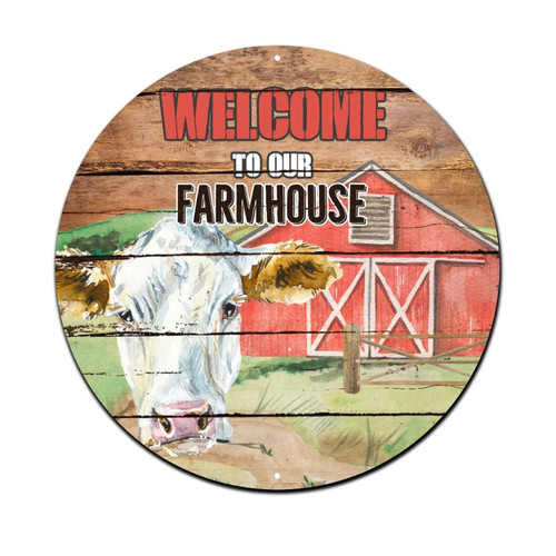 HaHciioo Cow Lover Gift,Cow Decor,Welcome to Our Farmhouse Cow Vintage Metal Signs for Wreaths Round Tin Sign for Front Door Man Cave Garage Home Bedroom Pub Wall Art Decor 9x9in