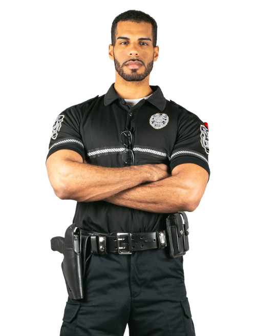 Security Badge and Patch Bike Patrol Polo Shirt with Zipper Pocket and Reflective Hash Stripes (as1, Alpha, 4X_l, Regular, Regular, Black with White ID)