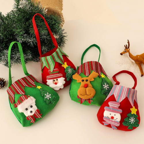Insvog 4 Packs Christmas Gift Bags Reusable Christmas Knitted Santa Claus Snowman Elk Bear Doll Treat Tote Bags Holiday Gifts Bag for Kids Holiday Presents Treats Candies Cookie Small Gifts Wrapping