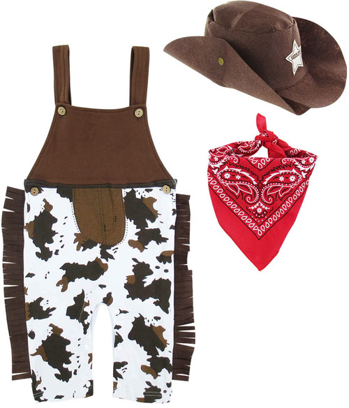 COSLAND Baby Cowboy Outfit Boy Halloween Costume, Brown, 3-6 Months