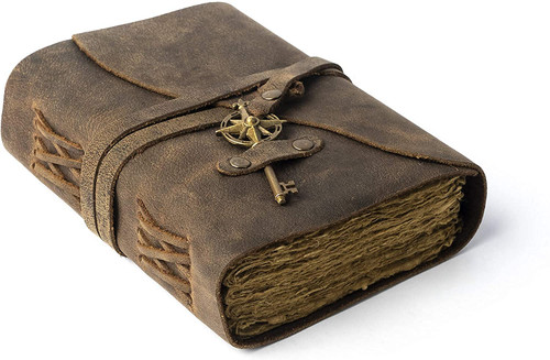 Odious Art - Vintage Leather Journal Lined Pages with Key - Antique Handmade Deckle Edge Vintage Paper Leather Bound Journal - Book of Shadows Journal - Leather Sketchbook - Drawing Journal