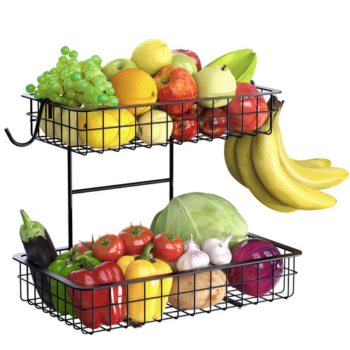 NANAGIFTREE 2 Tier Fruit Vegetables Basket with 2 Banana Hangers, Kitchen Counter Metal Wire Storage Basket Fruits Stand Holder Organizer for Fruit Bread Snack Veggies Produce