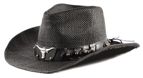 Black Cowboy Hat - Western Hats for Women, Adjustable Cowboy Hat Men, Black Cowgirl Hats Women Designed with Longhorn Bull Band - Shapable Mens Cowboy Hat w/Wide Brim