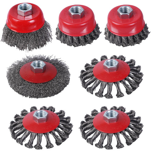 Wire Wheel for 4 1/2 Angle Grinder, 7PCS Wire Wheel Cup Brush Set, 4 Inch/3 Inch Knotted Coarse Crimped Wire Wheels, with 5/8-11UNC Threaded Arbor