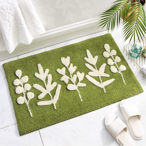 Hi Space Leaf Bath Mat Green Leaves Bathroom Rug Non-Slip Cute Bath Rugs Plush Shaggy Bathroom Mat Boho Soft Fluffy Microfiber Machine Washable Absorbent Doormat 30x20