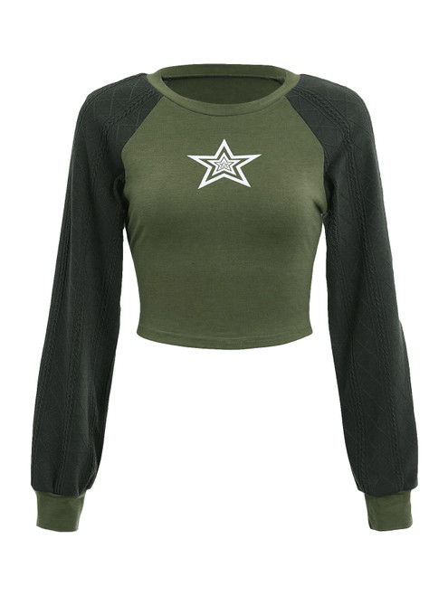 SOLY HUX Women's Star Graphic Y2K Crop Tee Long Sleeve Crew Neck T Shirt Casual Crop Tops Army Green Star L SOLY HUX Women's Star Graphic Y2K Crop Tee Long Sleeve Crew Neck T Shirt Casual Crop Tops Army Green Star L