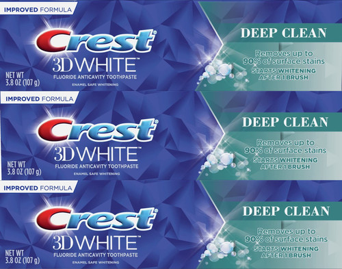 Crest 3D White Toothpaste, Deep Clean, Enamel Safe Whitening 3.8 oz (107g) - Pack of 3