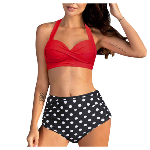 Halter Retro Print High Two Ruched Set Swimsuit Piece Vintage Bikini Women Waist Swimwears Sunflower Shorts Women Red