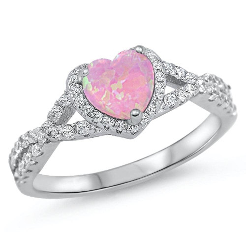 Pink Simulated Opal Halo Heart Promise Ring .925 Sterling Silver Knot Band Size 8
