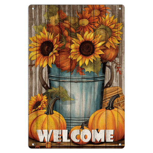 Welcome Retro Metal Signs Hanging Terrace Signs Autumn Yellow Flowers Pumpkin Wall Decorations Garage Signs for Porch Lounge Bedroom 8x12in