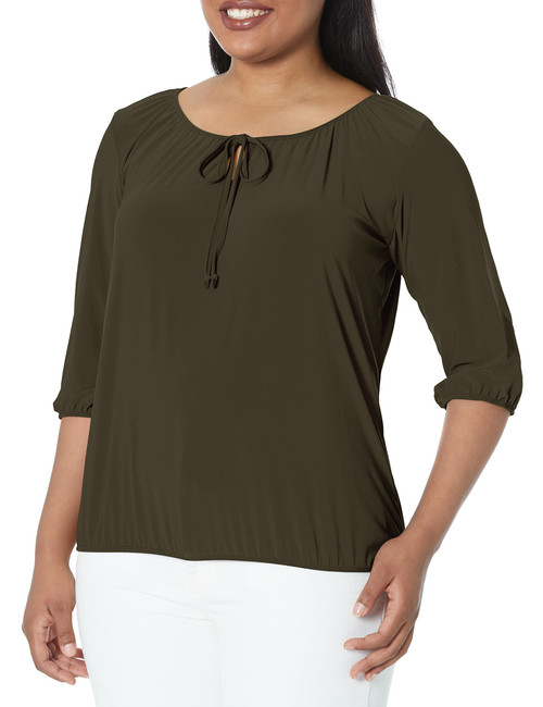 Star Vixen Women's Plus Size 3/4 Sleeve, Front Tie Peasant Top, Olive, 2X