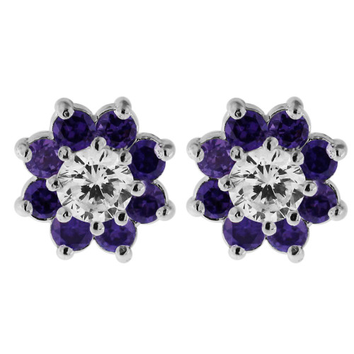Purple CZ Stone Studded Flower with Clear Stone Center 925 Sterling Silver Stud Earring