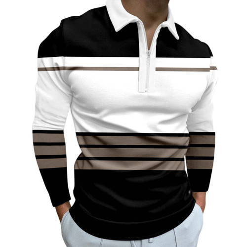 ZDDO Zipper Polo Shirts for Mens Long Sleeve Casual Slim Fit Vintage Plaid Striped Workout Sports Golf Lapel Tee Tops 2023 Merry Streetwear Sportswear Open Front Basic Pack Hippie Performance