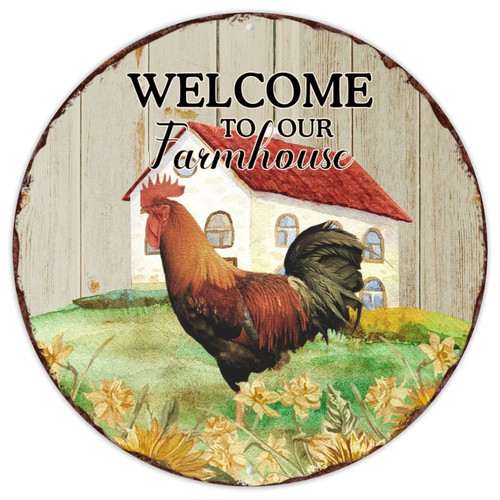 CowkissSign Welcome to Our Farmhouse Floral Rooster Retro Vintage Art Wall Plaque Farmer Gift Cock Barn Rooster Round Metal Plaque Tin Sign Gift to Farmer Metal Tin Sign for Living Room Bedroom 9x9in
