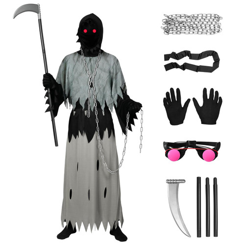 Alaiyaky Grim Reaper Costume for Kids Boys, Halloween Scary Grim Reaper Costume Adult with Glowing Red Eyes, Scythe, Chain (Grey-Kids, Kids-XL(12-14Years))