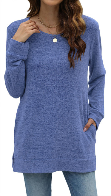 LERUCCI Women's Casual Loose Fall Sweatshirt Long Sleeve Crewneck Pullover Side Split Tunic Tops With Pockets Blue XL