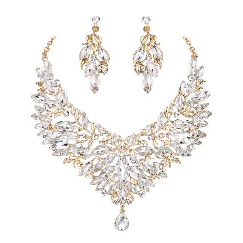 BriLove Clear Gold-Tone Wedding Bridal Crystal Rhinestones Marquise Cluster Statement Necklace Dangle Earrings Jewelry Set for Women BriLove Clear Gold-Tone Wedding Bridal Crystal Rhinestones Marquise Cluster Statement Necklace Dangle Earrings Jewelry Set for Women