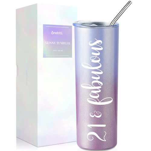 Onebttl 21st Birthday Gifts for Women, Girl, Her - 21 and Fabulous -20oz/590ml Stainless Steel Insulated Tumbler with Straw, Lid, Message Card - (Purple Pink)
