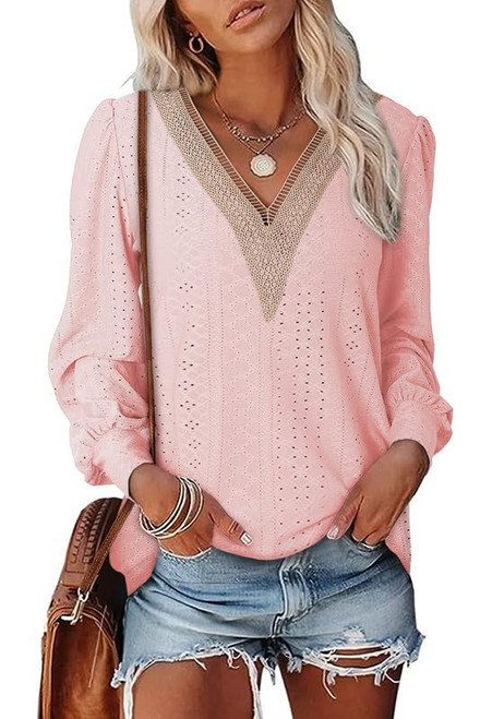 SHEWIN Long Sleeve Shirts for Women V Neck Knit Tops for Women 2023 Tunic Tops Loose Fit,(US 4-6) S,Pink SHEWIN Long Sleeve Shirts for Women V Neck Knit Tops for Women 2023 Tunic Tops Loose Fit,(US 4-6) S,Pink